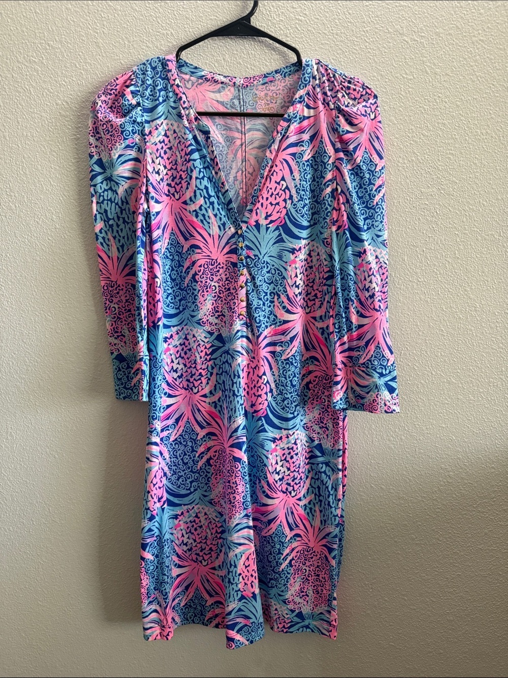 Lilly Pulitzer Marlie Dress 3/4 Sleeve Shift Dress Blue Pink Cotton Resort XS